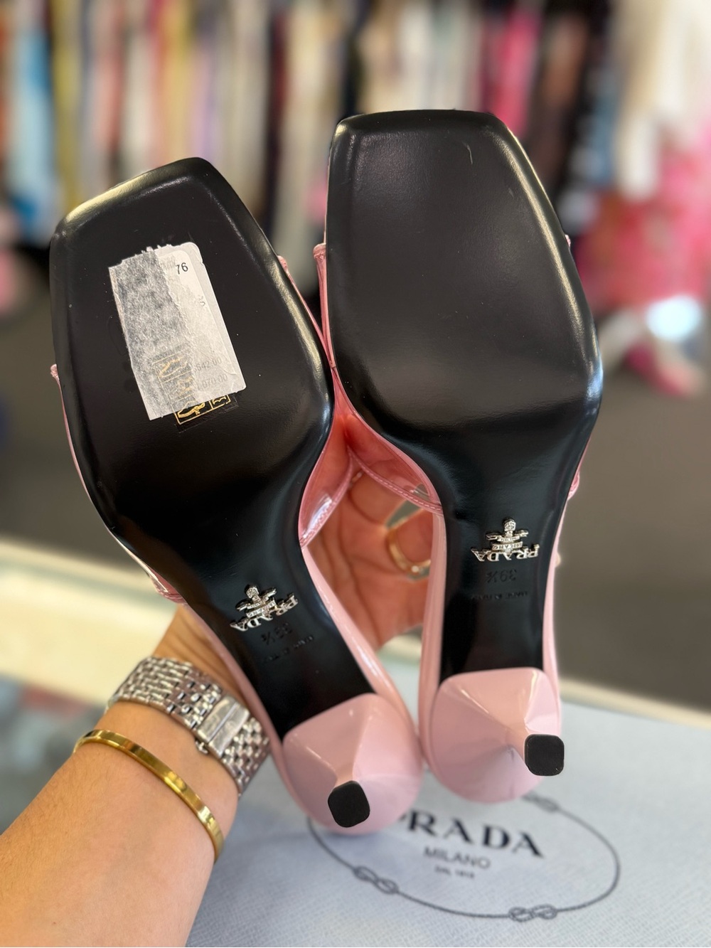 Prada Pink Patent Slide Mules with Triangle Logo - Picture 7 of 8